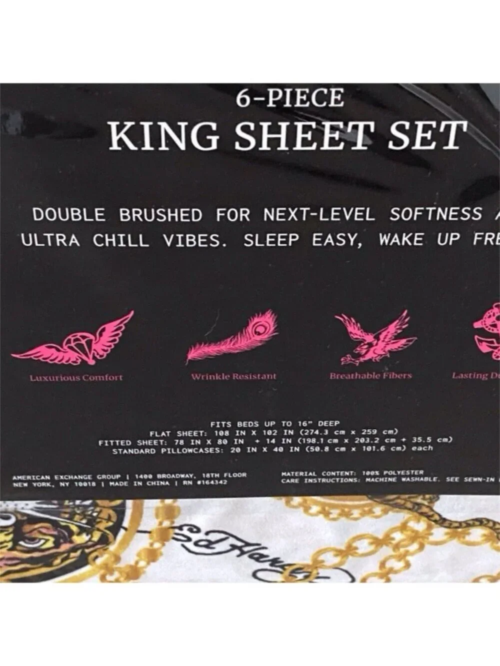 6 Piece Ed Hardy KING Size Sheet Set Americana Asian Tattoo Tiger Print White